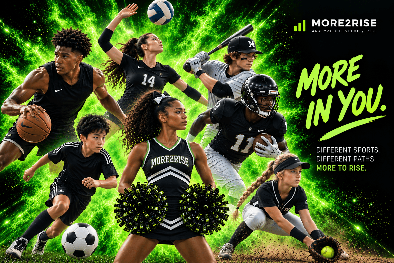 Seven athletes across basketball, volleyball, baseball, soccer, cheer, football, and softball with the words More in you. Different sports. Different paths. More to rise.